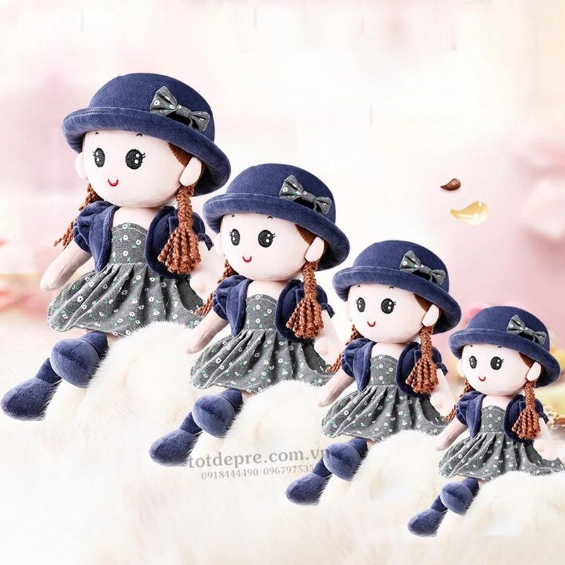 Búp bê bông cô bé đội mũ nhung váy hoa