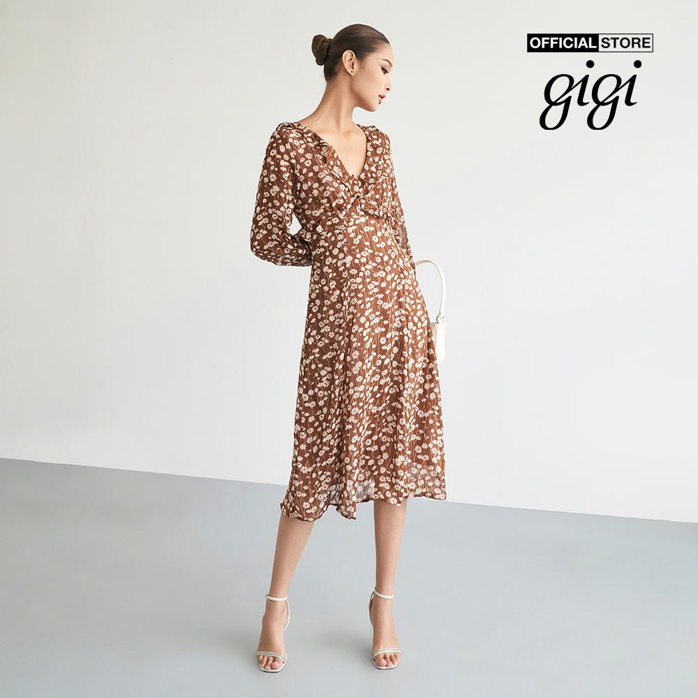 GIGI - Đầm midi tay dài cổ V phối họa tiết hoa nữ tính G2102D222109