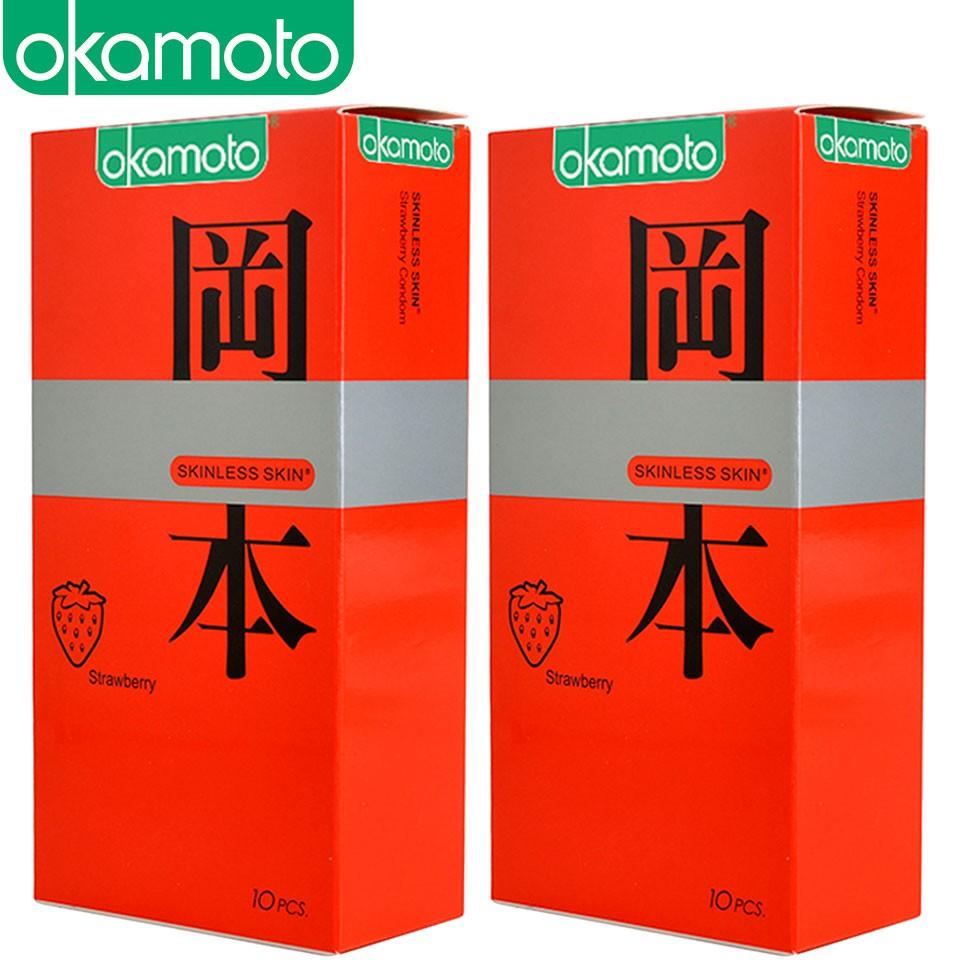 Combo 2 hộp  Bao Cao Su Okamoto Skinless Skin Strawberry Hương Dâu Hộp 10 Cái