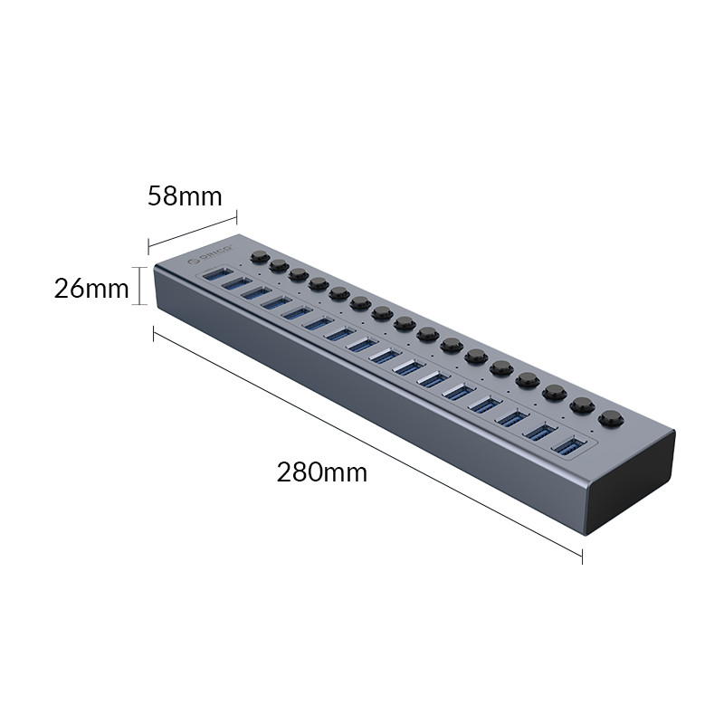 Hub Orico BT2U3-16AB-GY USB 3.0 16 Công Tắc Bật/Tắt Nguồn 12v Kèm Sạc Cho Máy Tính Bằng Nhôm - Hàng Chính Hãng