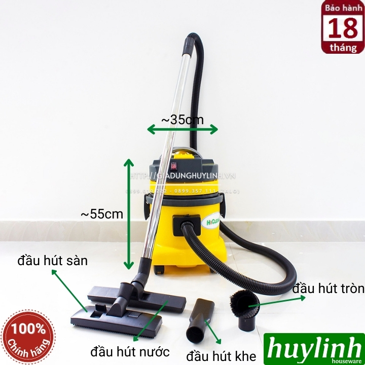 Máy hút bụi khô và ướt Hiclean HC15P - Dung tích 15 lít - Thùng nhựa - Công suất 1500W - Hàng chính hãng