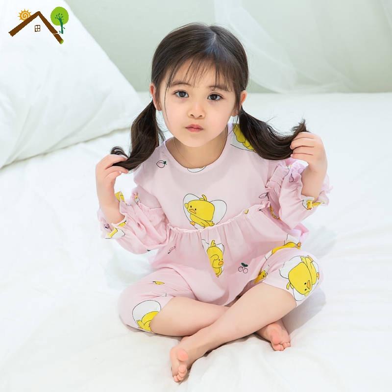 Bộ quần áo dài tay mặc nhà chất mát cho bé gái họa tiết ngẫu nhiên