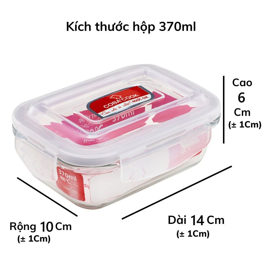 Bộ 3 hộp chữ nhật 370ml đựng cơm kèm túi hộp thủy tinh giữ nhiệt COBA'COOK- XẢ KHO