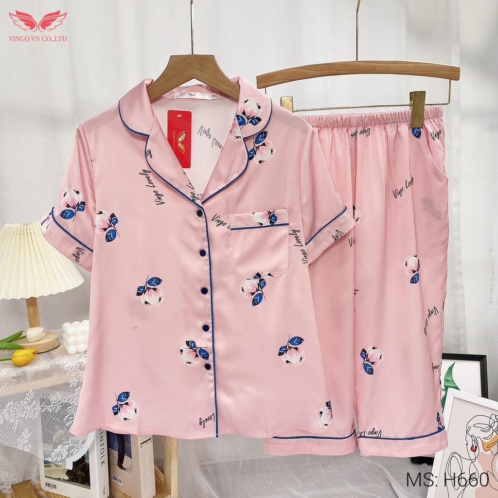 Đồ bộ nữ mặc nhà Pijama lụa Pháp VINGO tay ngắn quần lửng mặc mát mùa Hè họa tiết hoa hồng lé xanh thanh lịch H660 VNGO