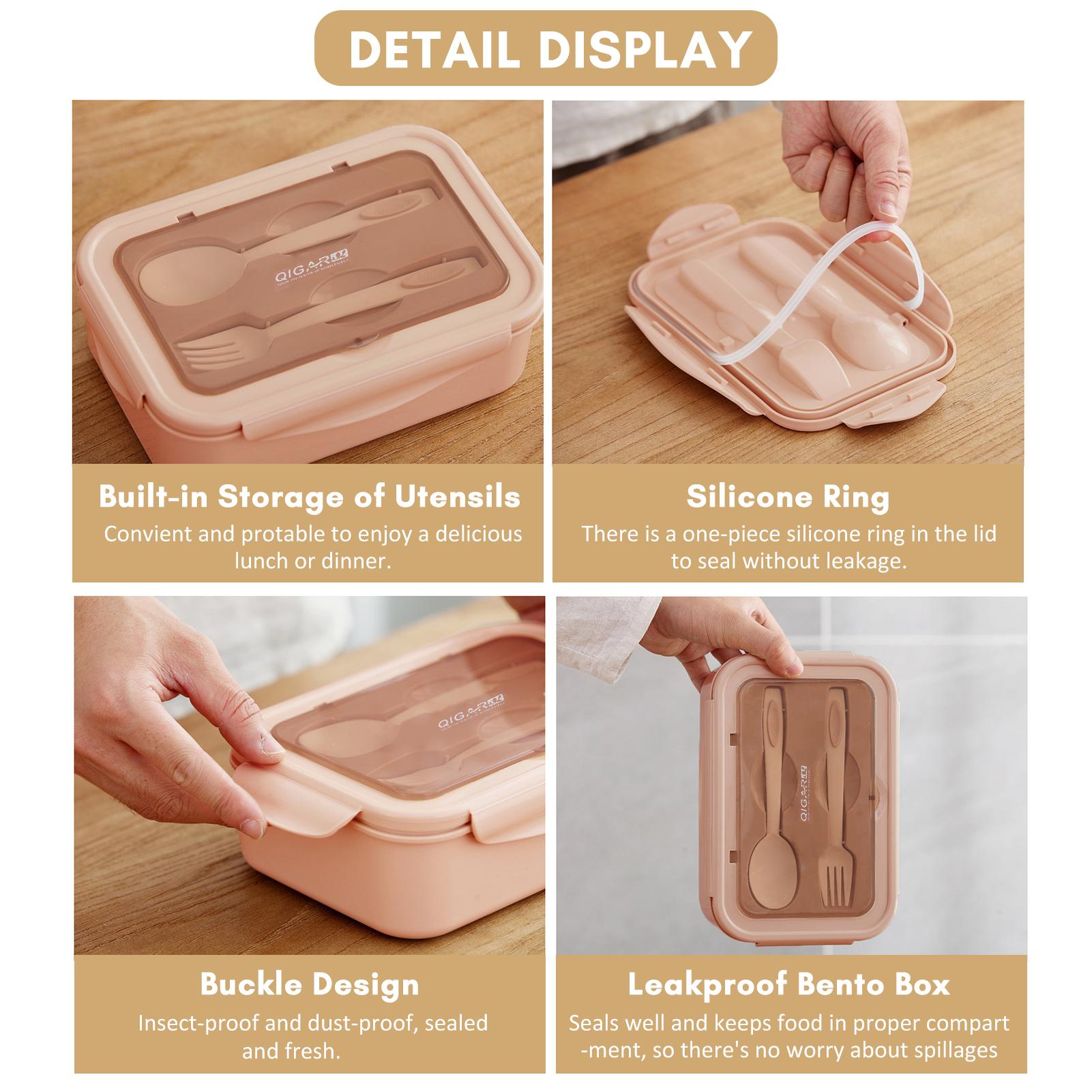 1400ml Plastic Lunch Box With Fork and Spoon 3 Compartment Single-layer Leakproof Reusable Crisper Sealed Bento Box