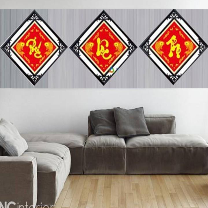 Tranh thêu bộ 3 tấm phúc lộc thọ cá chép 222198 - kích thước: 50 * 50 * 3cm.