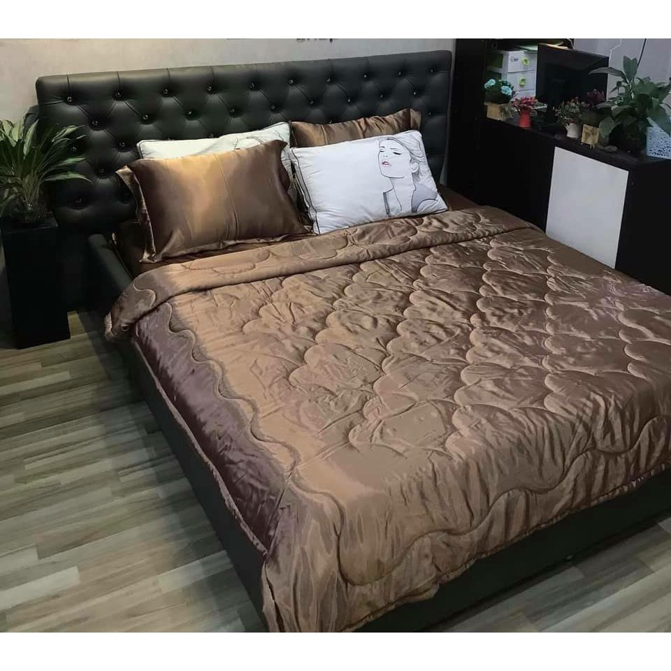 Bộ Chăn Trần Bông Ga Gối Phi Lụa 5 Món Cao Cấp Màu Nâu Kích Thước 1m6 x 1m8 Hàng Loại 1 Không Nối Vải