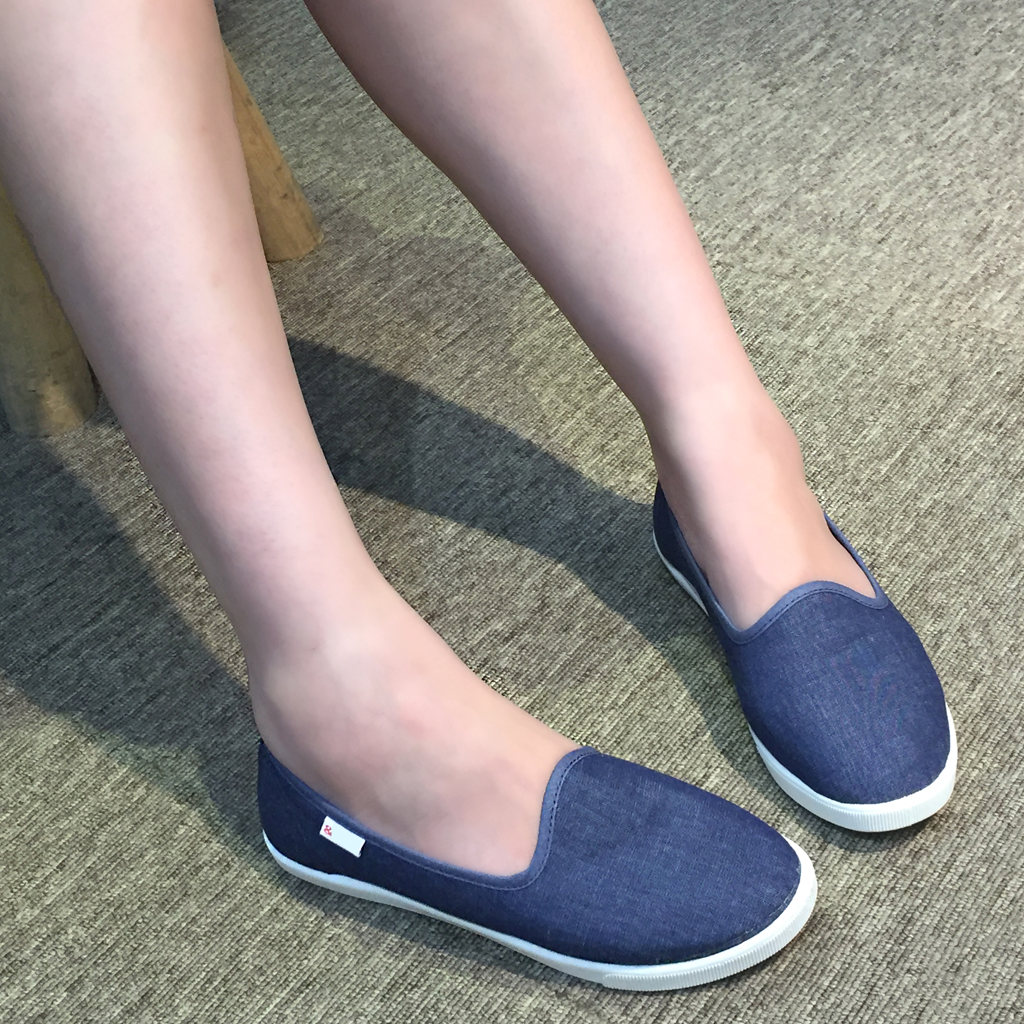 Giày slip on nữ mũi tròn búp bê siêu mềm êm chân chuyên dụng đi bộ tôn dáng đẹp - màu xanh jeans vải Canvas