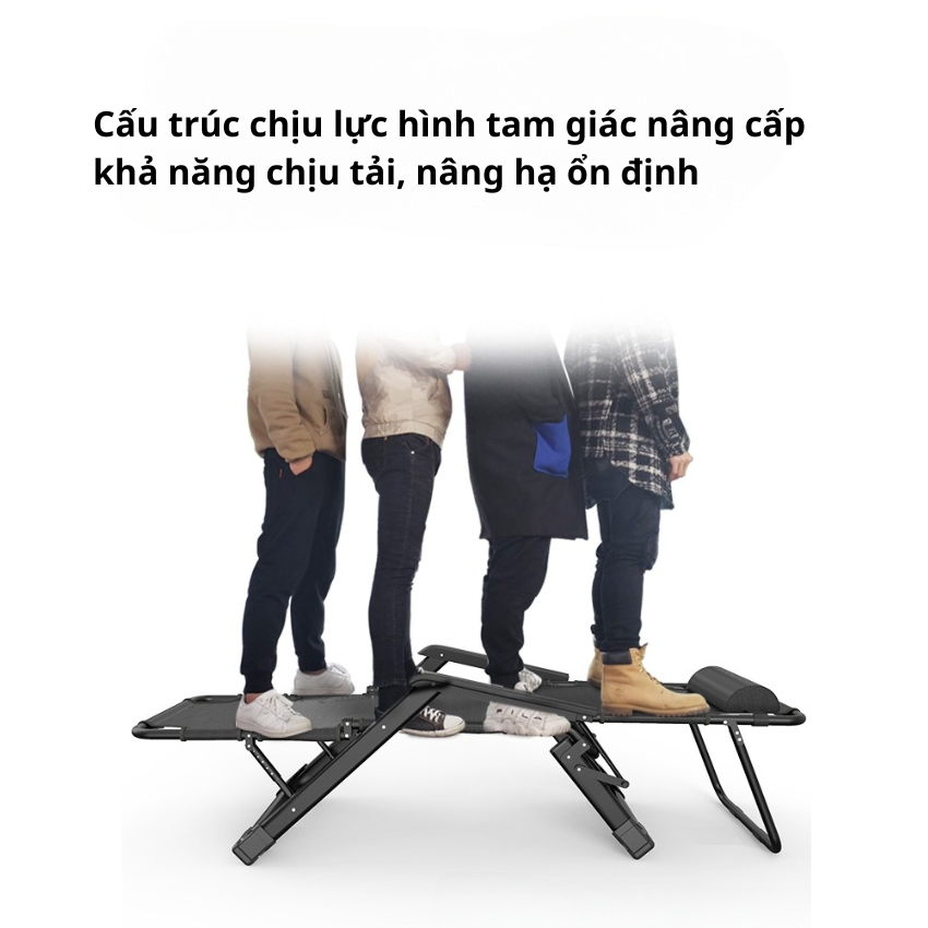 Ghế Giường Xếp Thư Giãn Gối Đầu, Ngả Lưng 180 Độ, Ghế Gấp Gọn Kèm Đệm Black