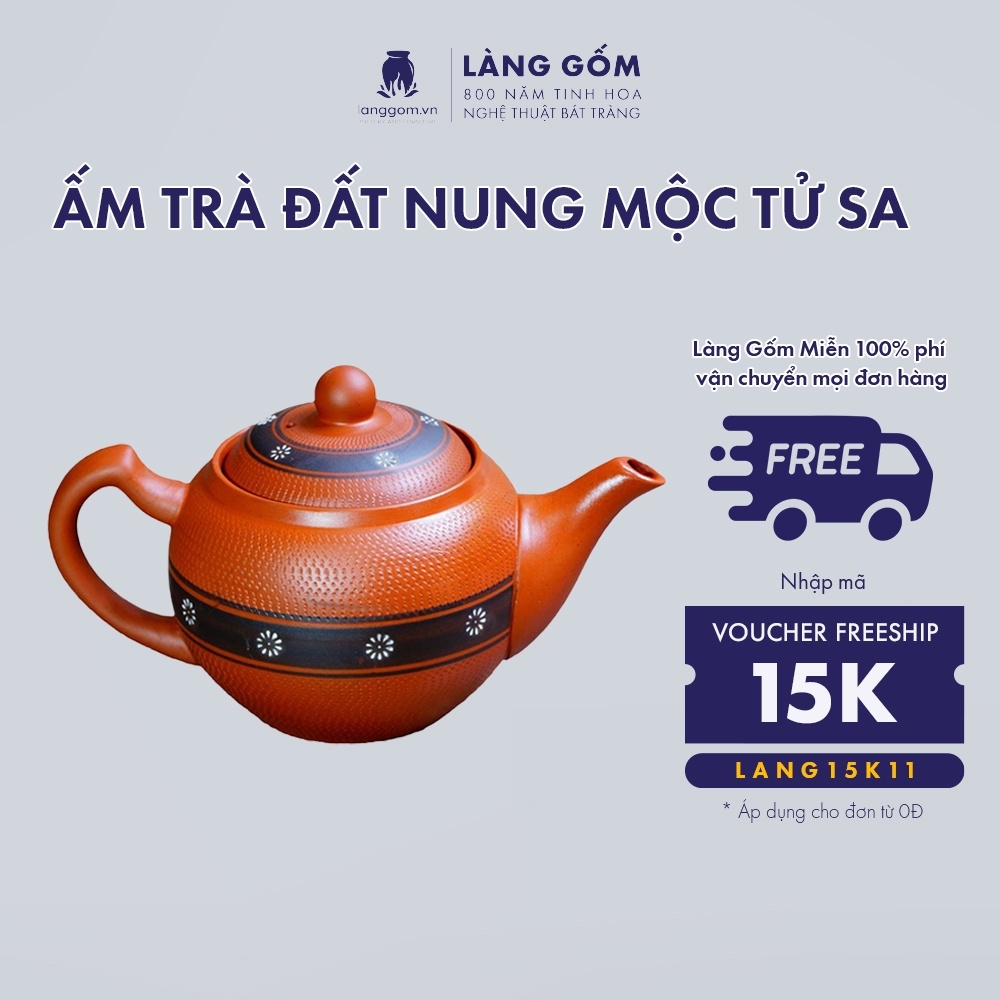 Ấm trà đất nung Mộc Tử Sa màu đỏ kiểu họa tiết hoa ban, gốm sứ Bát Tràng cao cấp - LÀNG GỐM