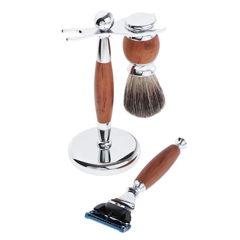 Zinc Alloy + Wood Mens Shaving Kit Gift Set W/5 Layer Blade Razors Brush & Stand Holder