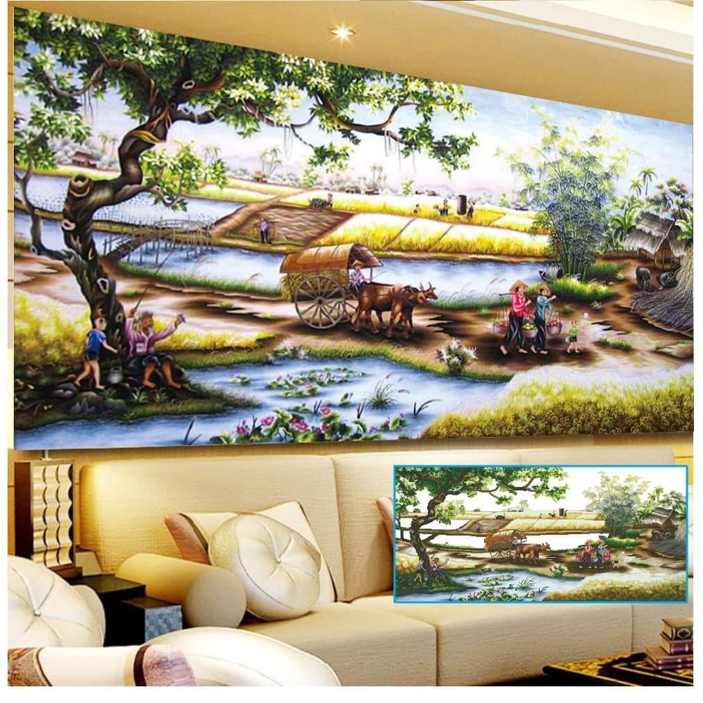 Tranh Đính Đá LÀNG QUÊ THANH BÌNH. Kích Thước: 1m x 58cm - 1m8 x 1m1