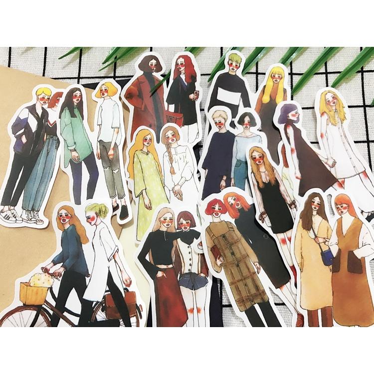 S102 - Set 12 stickers giấy cô gái đôi bạn nữ Girl Friends vintage cổ điển trang trí sổ bullet journal, junk journal