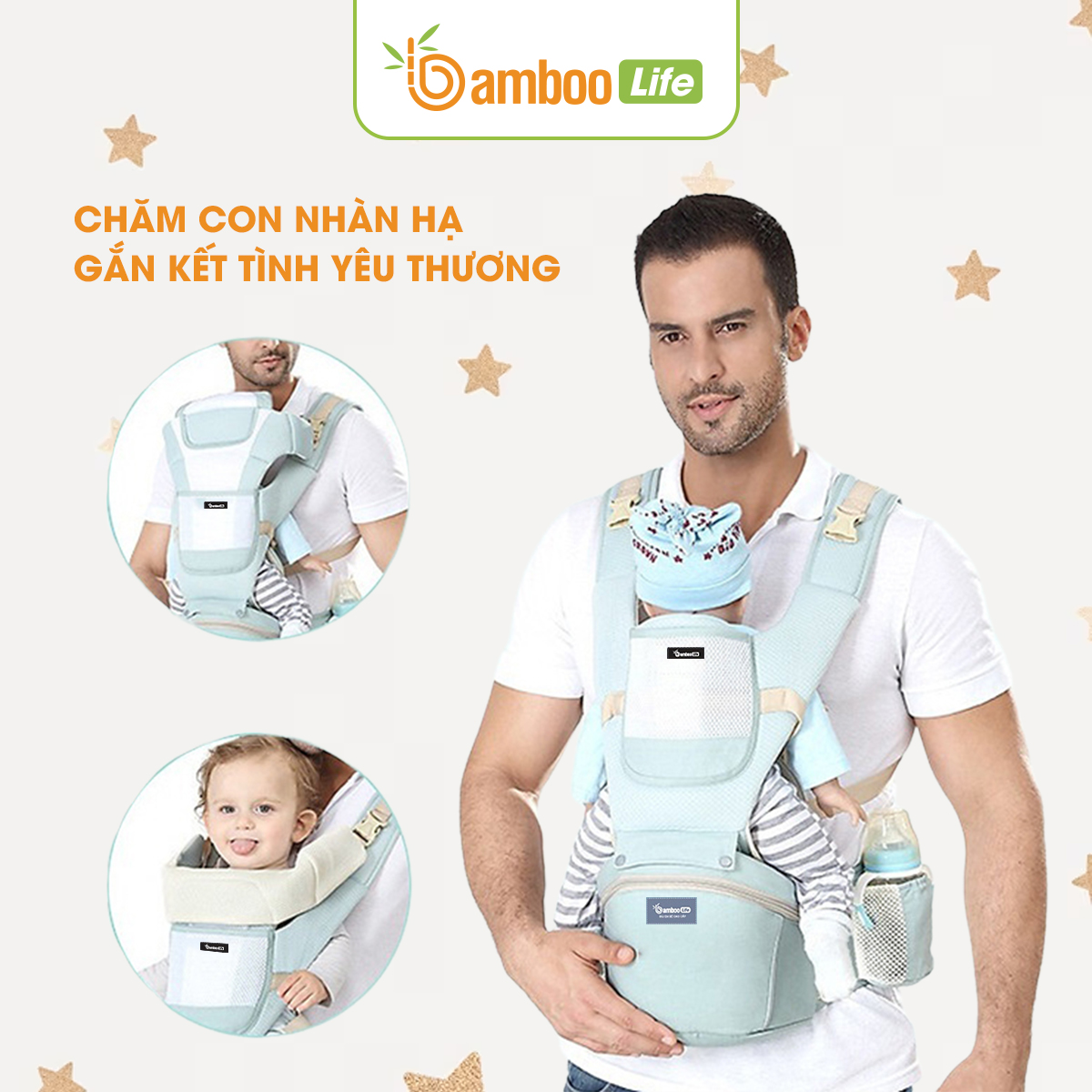 Địu em bé Bamboo Life BL031, địu 4 tư thế có đỡ cổ địu bé sơ sinh 0-36 tháng trợ lực, đa chức năng có ghế chống gù siêu nhẹ cho trẻ em đi xe máy, đi chơi, đi siêu thị an toàn