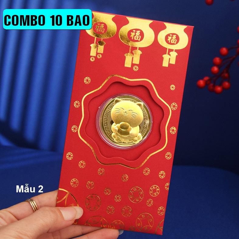 Sét gồm 10 phong bao đỏ kèm xu con mèo mạ vàng Đài Loan Tết 2023 - Mẫu 2, Tiền lì xì tết 2023 , NELI