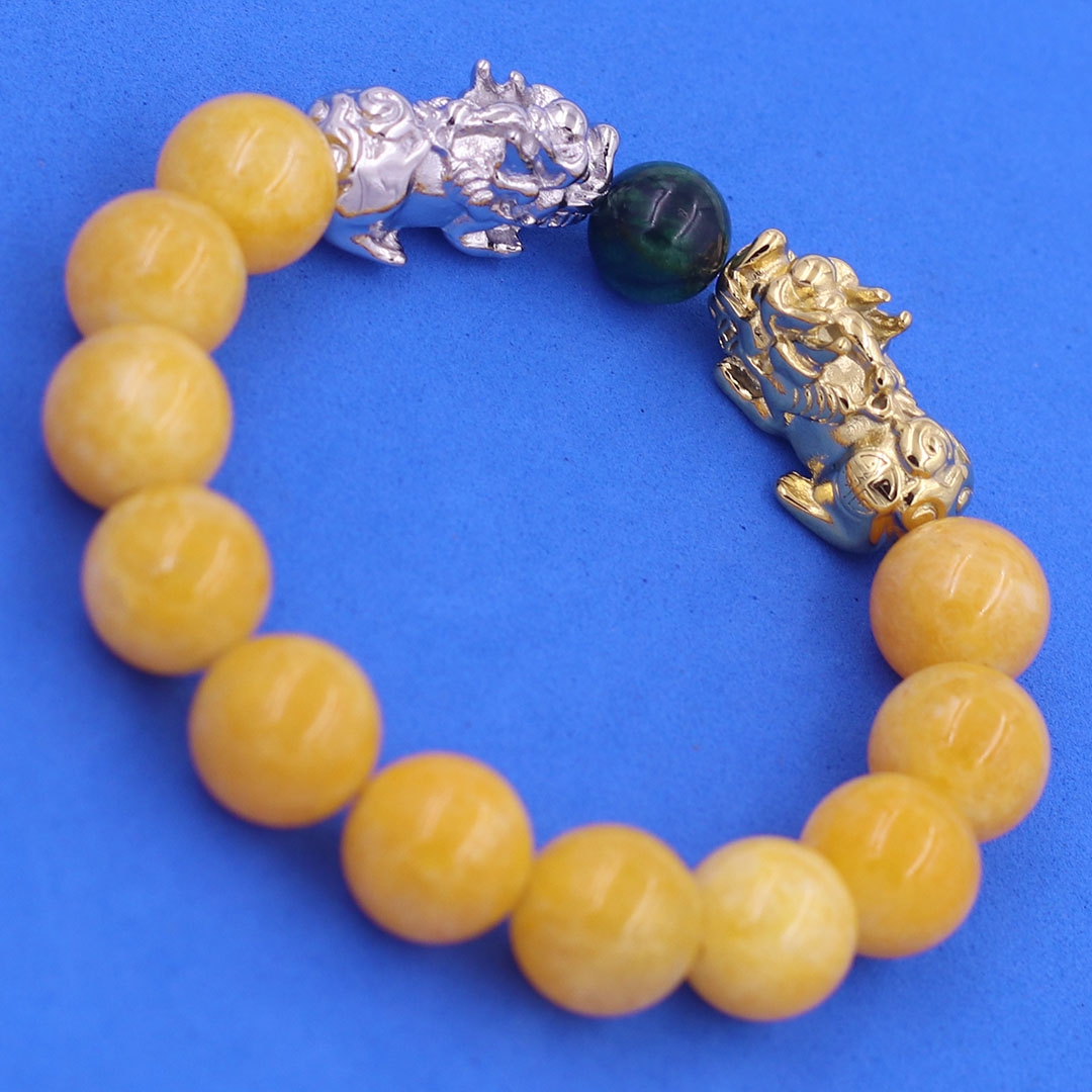 Vòng chuỗi đeo tay đá ngọc tủy vàng 12 ly charm tỳ hưu đôi inox trắng và vàng, vòng chuỗi phong thủy, charm tỳ hưu, vòng tay hạt chuỗi