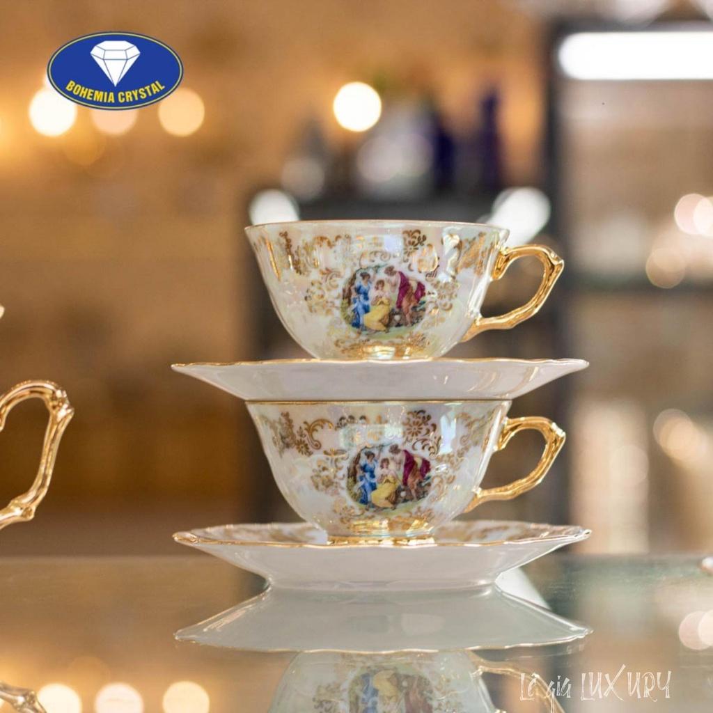 Bộ ấm chén trà Mạ vàng TÂN CỔ ĐIỂN, Bộ ấm chén trà Châu Âu cao cấp Sang trọng, Gốm Sứ Tiệp Khắc, Ấm chén cao cấp nhập khẩu -ACT4