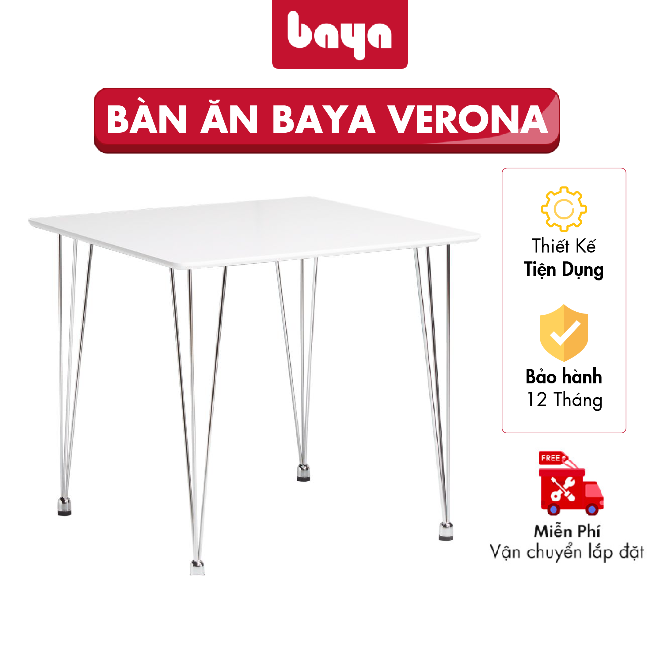 Bàn Ăn Gỗ Hình Chữ Nhật Hiện Đại Trẻ Trung BAYA VERONA Mặt Bàn Gỗ Công Nghiệp Phủ Sơn Trắng, Thiết Kế 4 Chân Bàn Gồm 3 Thanh Kim Loại Tỏa Ra 3 Phía Gắn Mặt Bàn 1071634