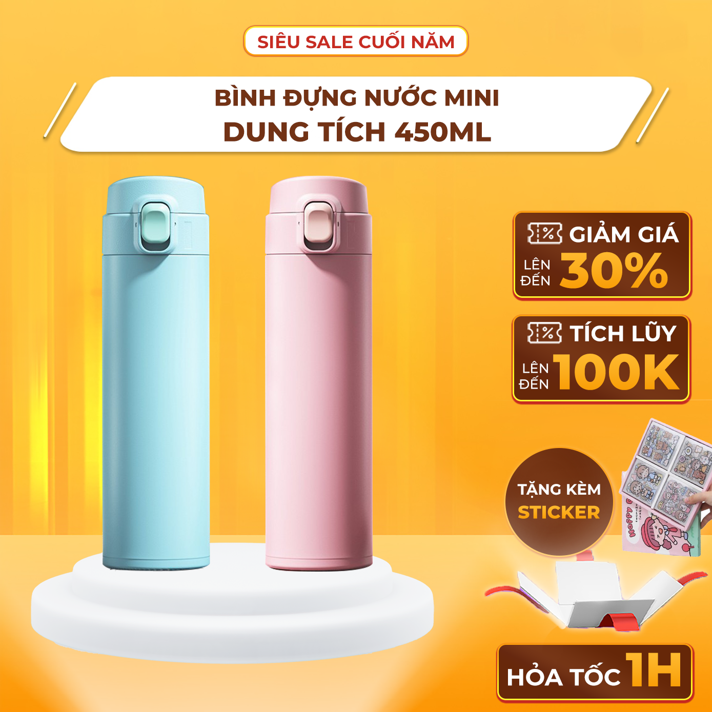 [Tặng Sticker] Bình Giữ Nhiệt Nước Nóng Mini Dung Tích 450ml, Giữ Nhiệt Liên Tục 6 Tiếng, Bình Nước Nhỏ Gọn Đẹp Mắt