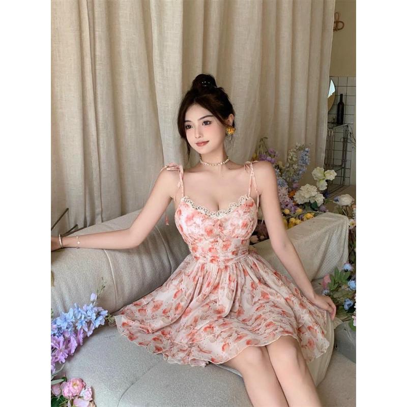 ĐẦM CAM HOA PHỐI REN 2 TẦNG