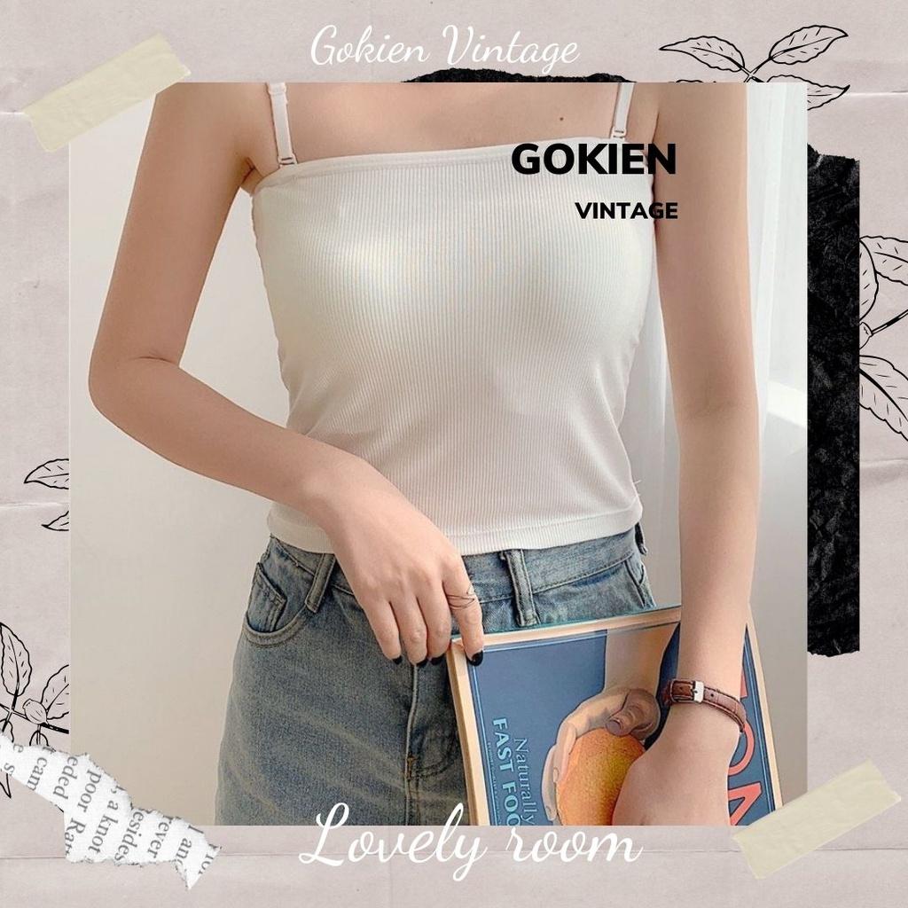 Áo hai dây ôm sát vải cotton mịn co giãn dây có chốt điều chỉnh, GOKIEN VINTAGE