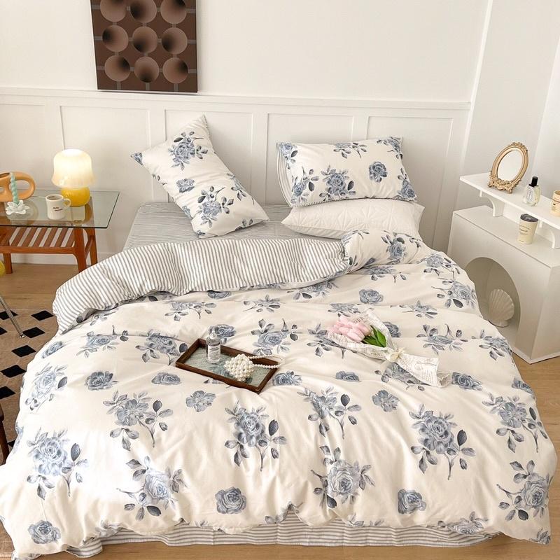 Bộ Chăn Ga Gối Cotton living 100%cotton Hàng Nhập Khẩu Cao Cấp Hoa Hồng Pháp
