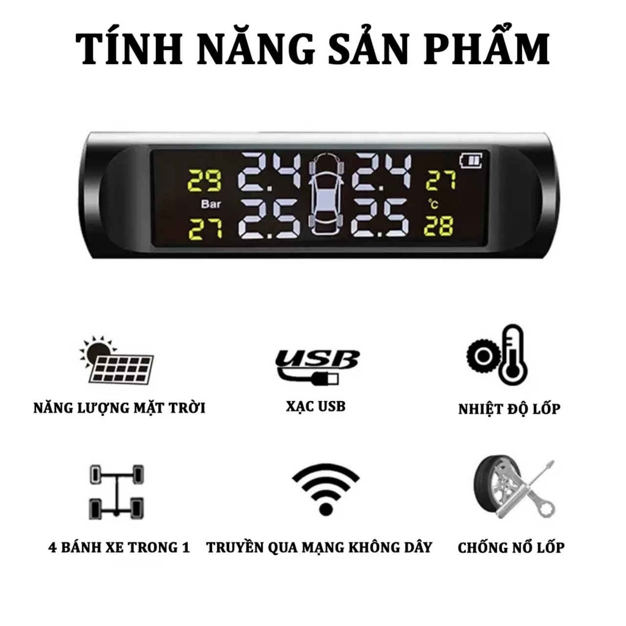 Cảm biến áp suất lốp ô tô không dây mẫu mới , pin sạc năng lượng mặt trời màn hình LCD lắp các xe