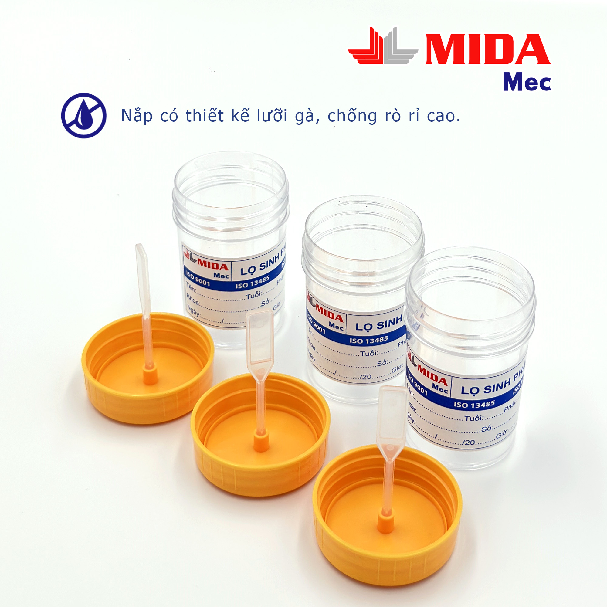 Lọ đựng mẫu bệnh phẩm MidaMec có gá 40ml PS đóng gói 100 lọ/bao - Nắp Vàng