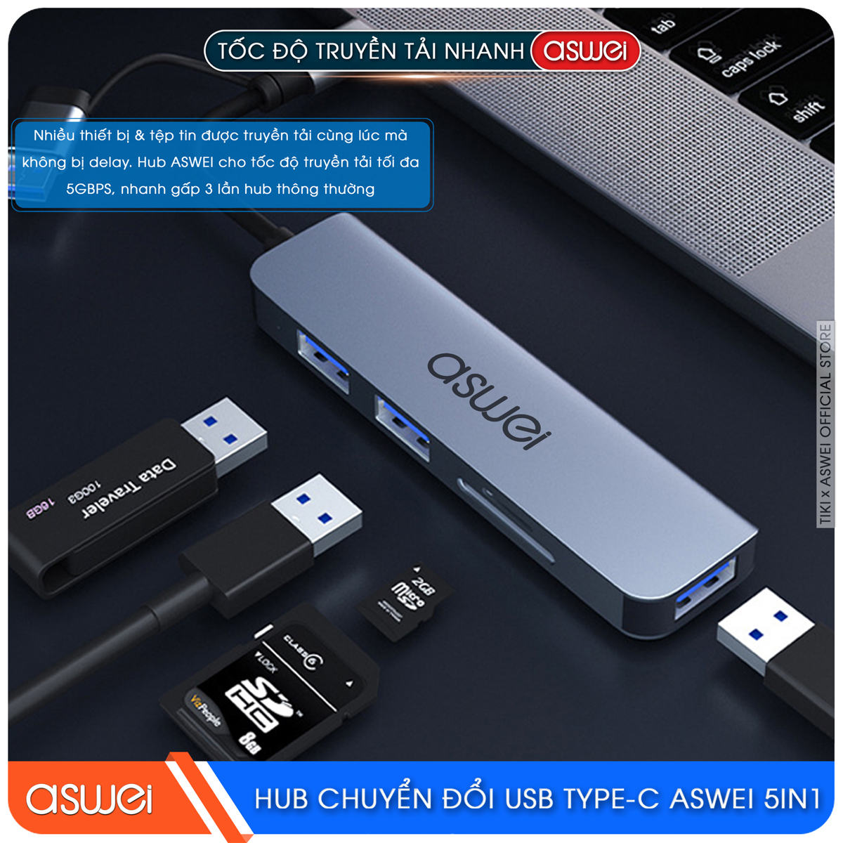 Hub Chuyển Đổi USB Type C ASWEI 5 in 1 - USB 3.0, SD, TF Tốc Độ Cao - Hàng Chính Hãng