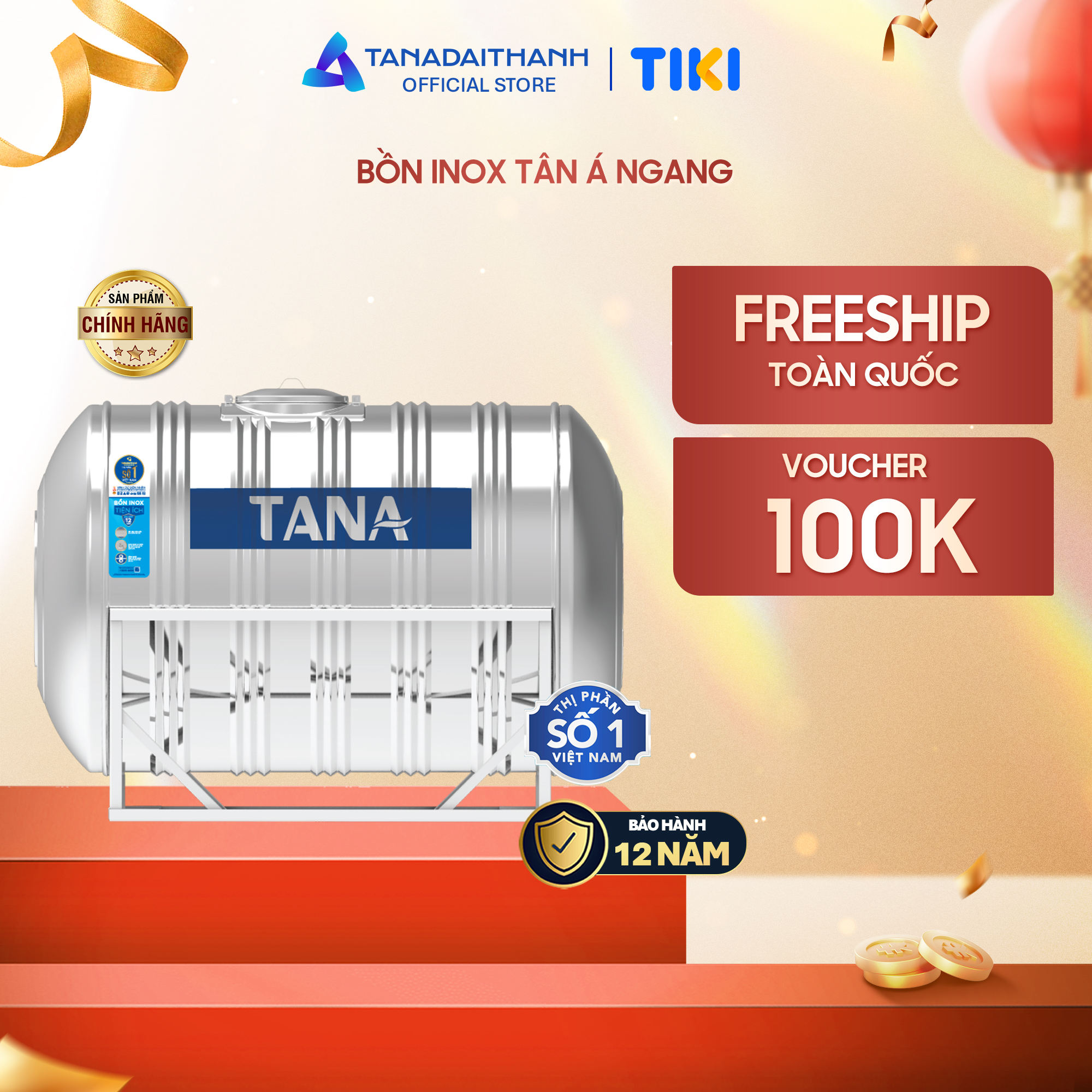 Bồn nước inox Tân Á Đại Thành Ngang (500L, 1000L, 1500L, 2000L), SUS 304 - Chính hãng, bảo hành 12 năm