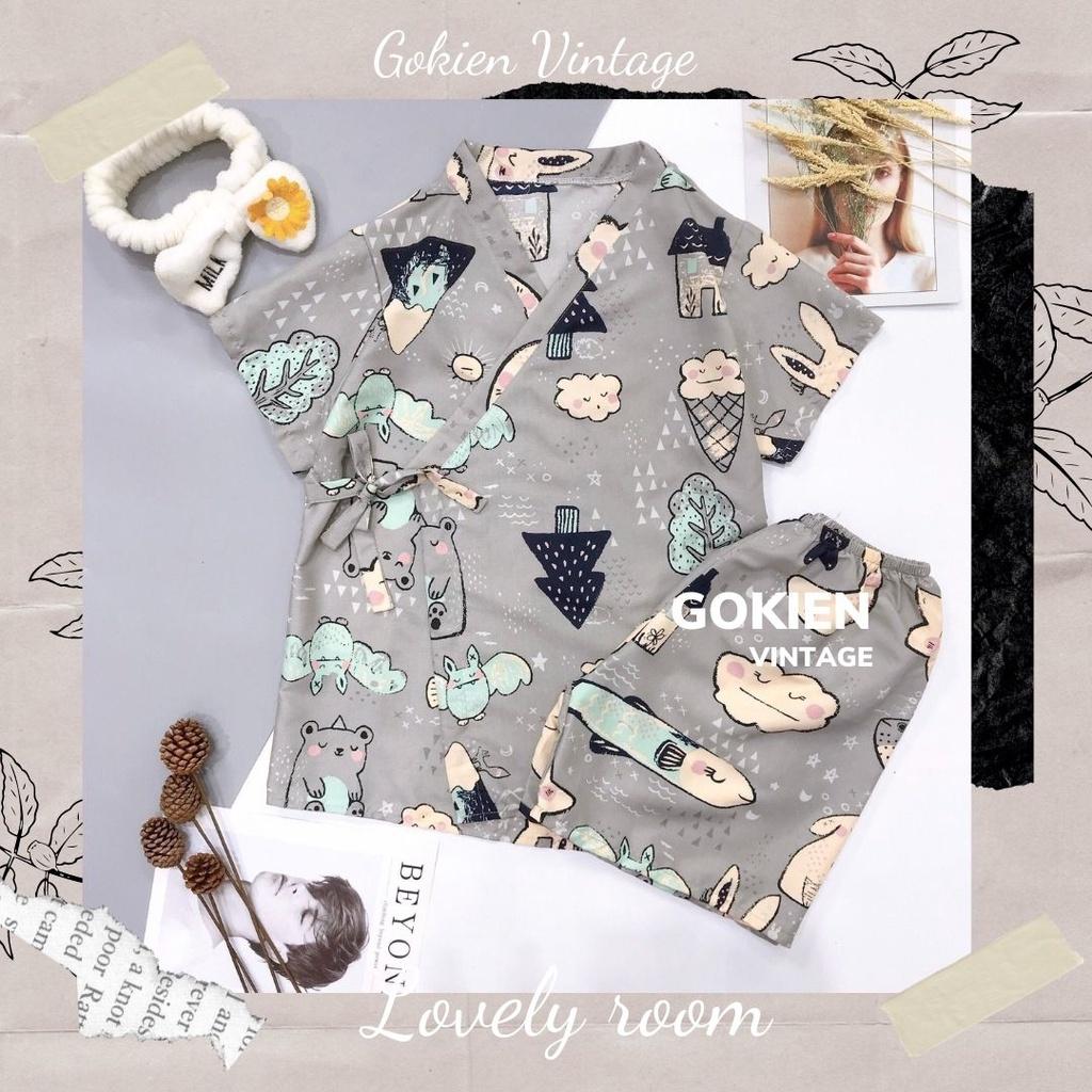 Bộ đồ ngủ Yukata hoạ tiết cute chất lụa thoáng mát, GOKIEN VINTAGE