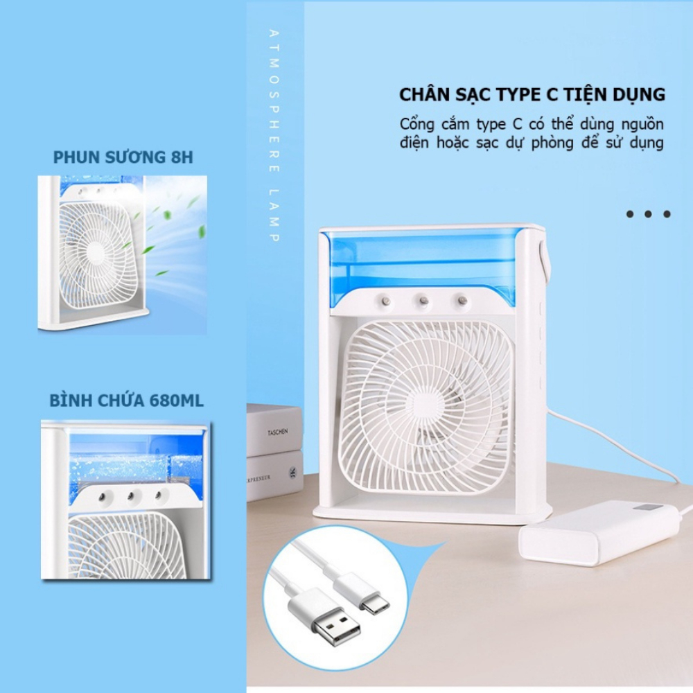 Quạt Điều Hòa Phun Sương Hơi Nước Mini Để Bàn Dung Tích Lớn 3 Chế Độ Đèn LED Đổi Màu, Chế Độ Hẹn Giờ Sử Dụng Cổng Sạc USB Tiện Dụng