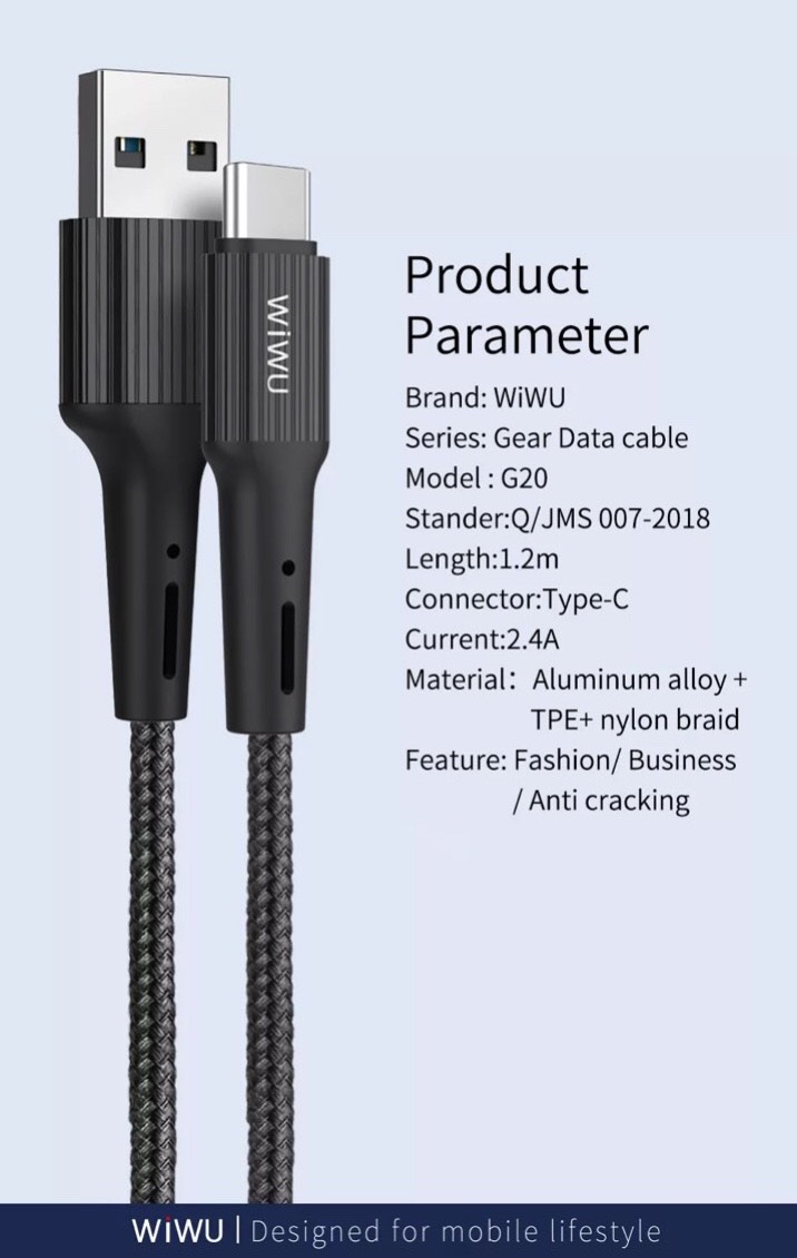 Cáp Wiwu Gear Charging &amp; Sync Cable 2.4A 1.2M G20 cho các thiết bị sạc Type-C, hỗ trợ sạc nhanh, chống rối - Hàng chính hãng