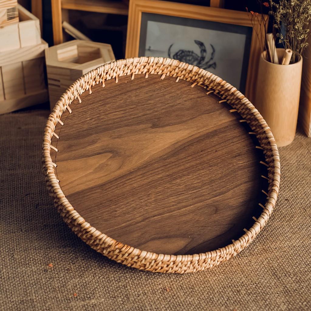 Khay tròn có quai bằng mây đế gỗ - Khay mây tròn-Wooden tea tray