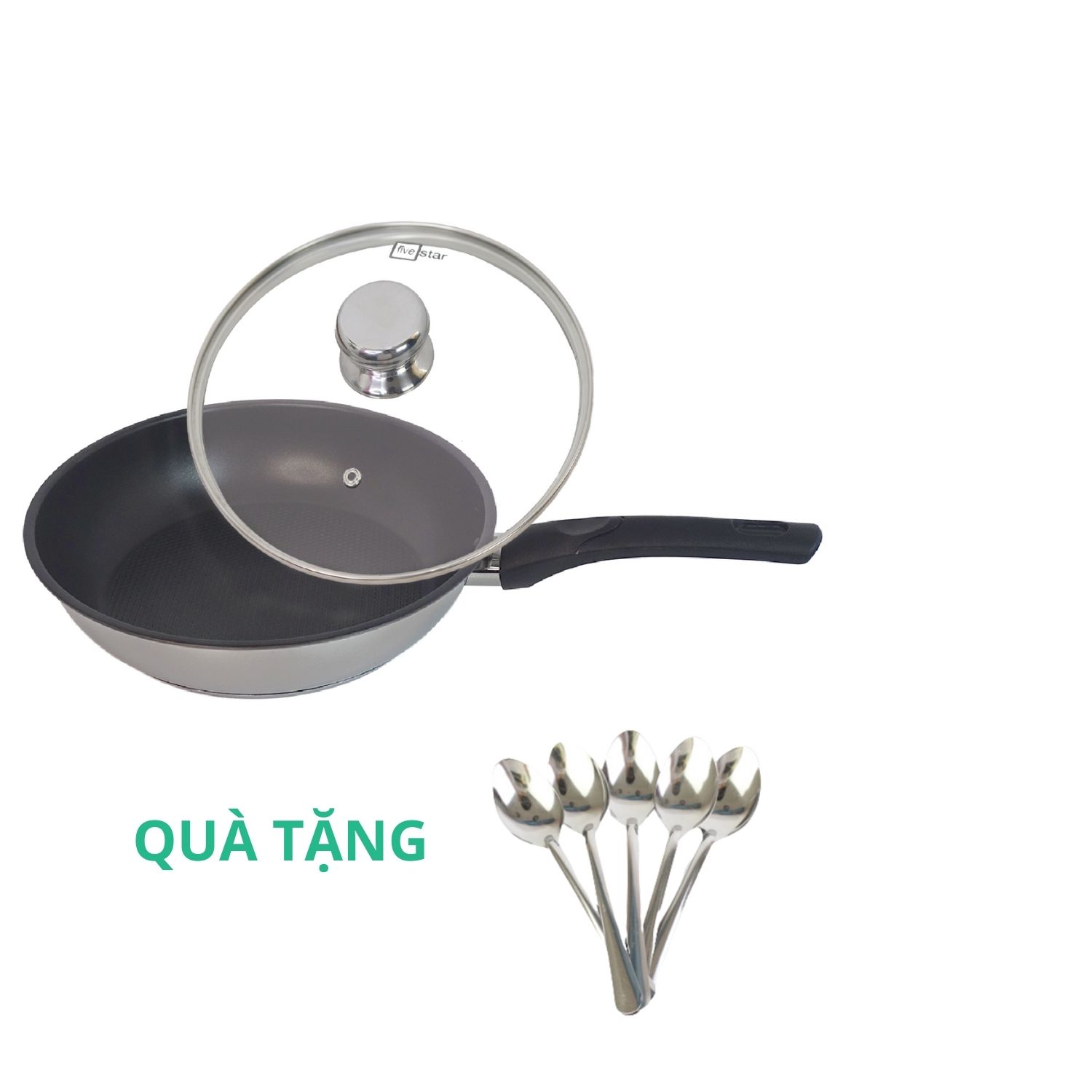 Chảo chống dính inox 430 Fivestar và nắp kính 3 đáy bếp từ tặng 5 muỗng - Shop Bếp Xinh