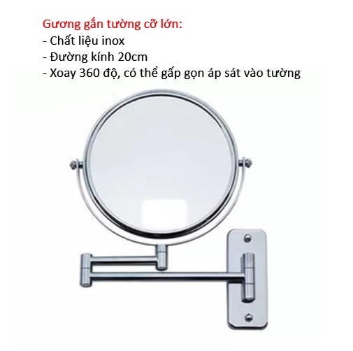 Gương trang điểm cỡ lớn, 2 mặt phóng đại xoay 360 độ, treo tường phòng tắm, phòng ngủ, khách sạn