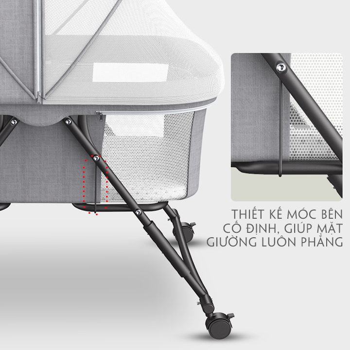 Nôi gấp gọn kèm màn, có bánh xe, gối, nệm. Nôi vải cao cấp cho bé từ sơ sinh tới 24 tháng