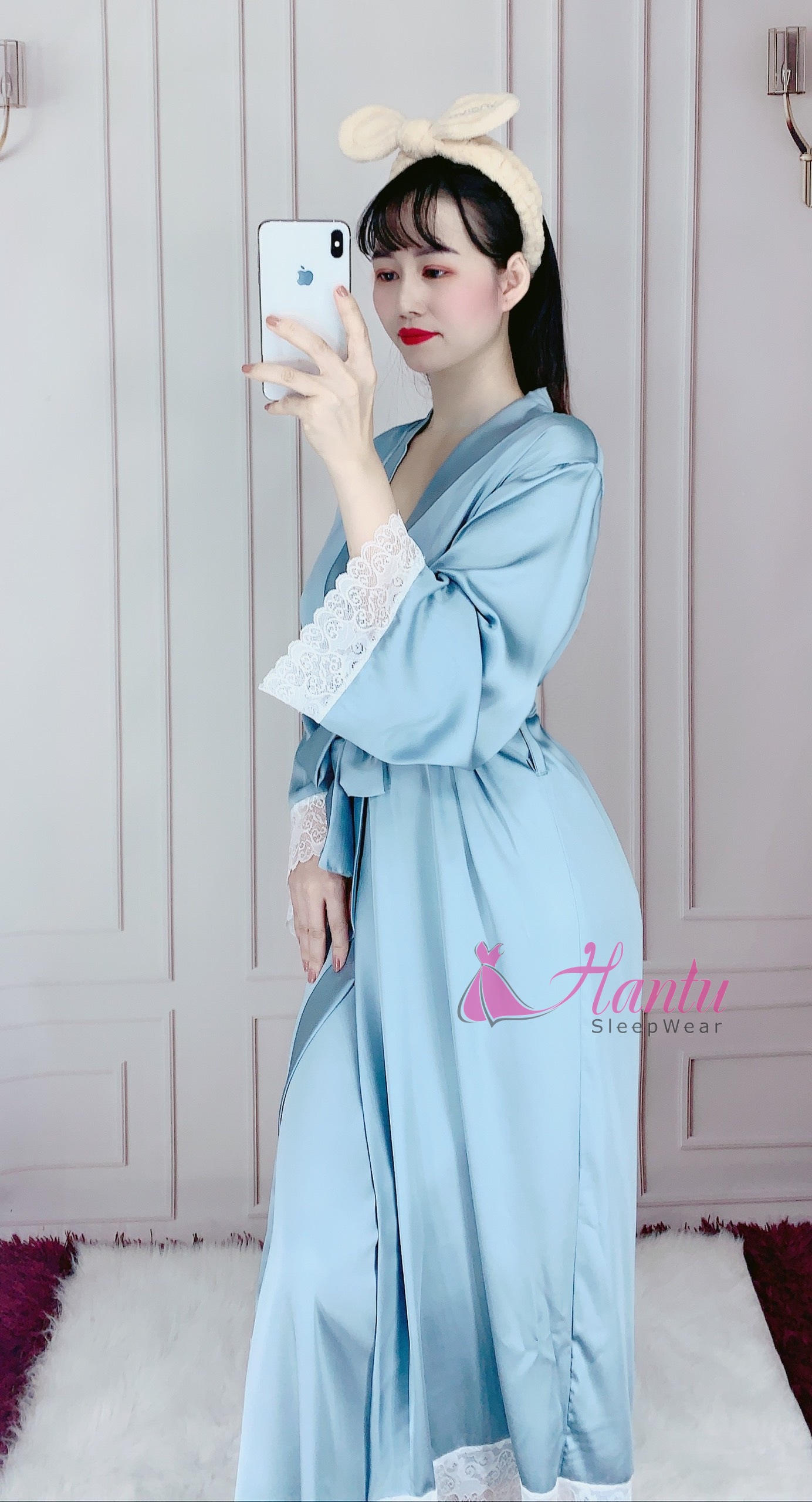 Hantu Sleepwear -Set áo choàng dài kèm váy ngủ lụa cao cấp dài quá gối mặc nhà sang trọng
