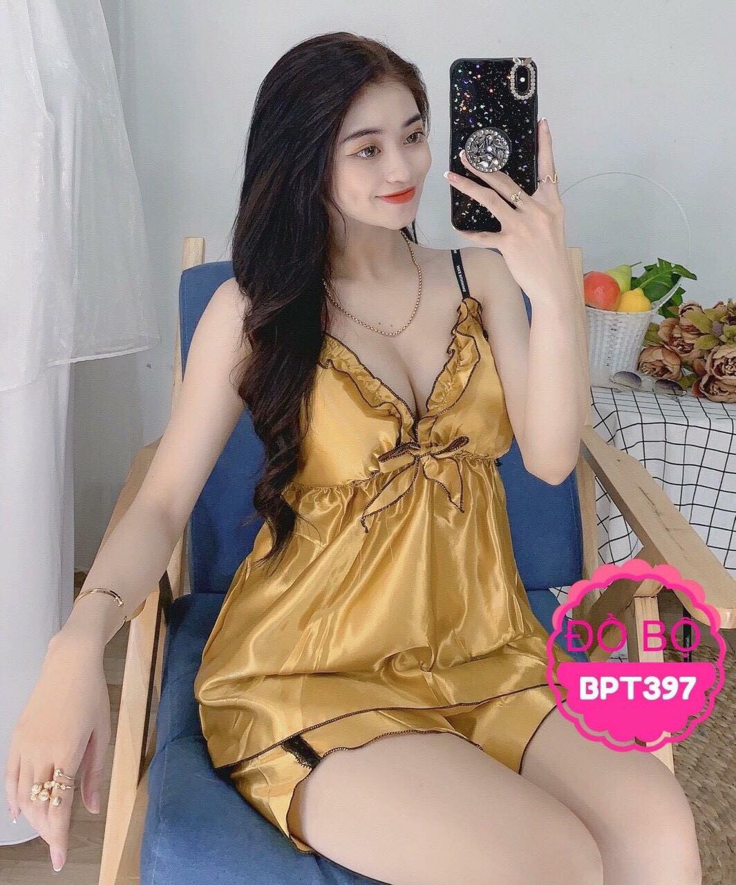 Đồ ngủ sexy nữ Đồ ngủ hai dây có mút ngực, cột nơ chất phi hai dây chất mịn quyến rũ