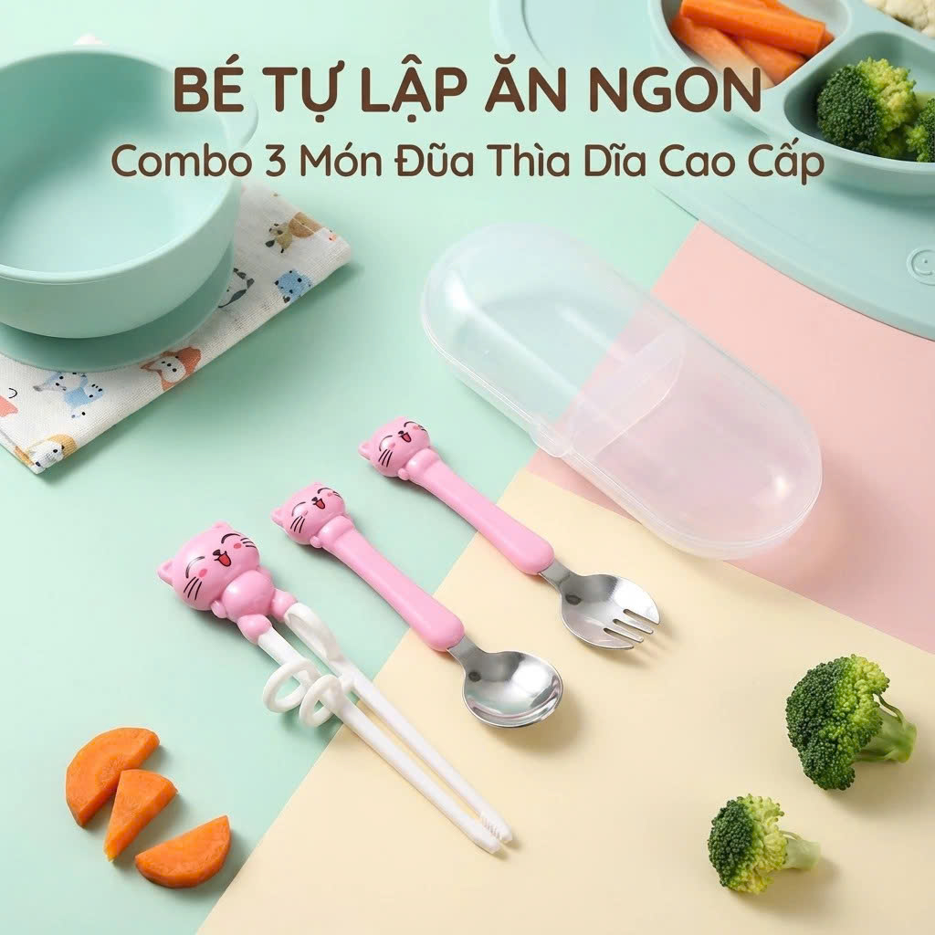Bộ Ăn Dặm Cho Bé 3 Món, Đũa Xỏ Ngón + Thìa + Dĩa, Dễ Cầm Chống Rơi, An Toàn, Màu Xanh/Hồng - HÀNG CHÍNH HÃNG MINIIN