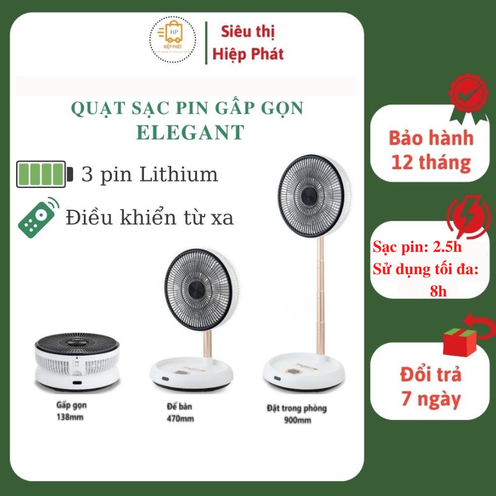 Quạt Sạc Pin Gấp Gọn Elegant Điều Khiển Từ Xa Thương Hiệu Đức - Hàng nhập khẩu