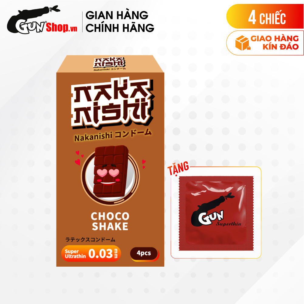 [Hộp 4 cái] Bao cao su Nakanishi - Siêu mỏng 0.03mm - Hương chocolate kèm 1 chiếc BCS Gun Super Thin