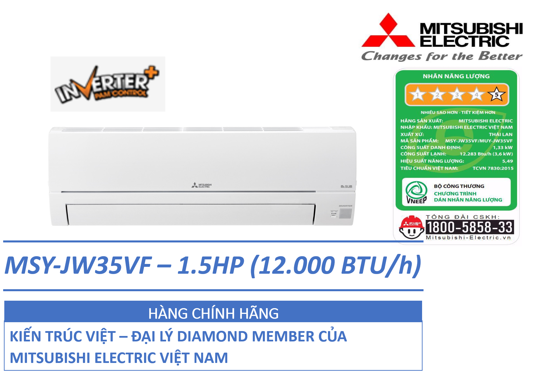 ĐIỀU HÒA KHÔNG KHÍ (MÁY LẠNH) MITSUBISHI ELECTRIC MSY-JW35VF - 1.5 HP(NGỰA) (12,000 BTU/H) - INVERTER - HÀNG CHÍNH HÃNG