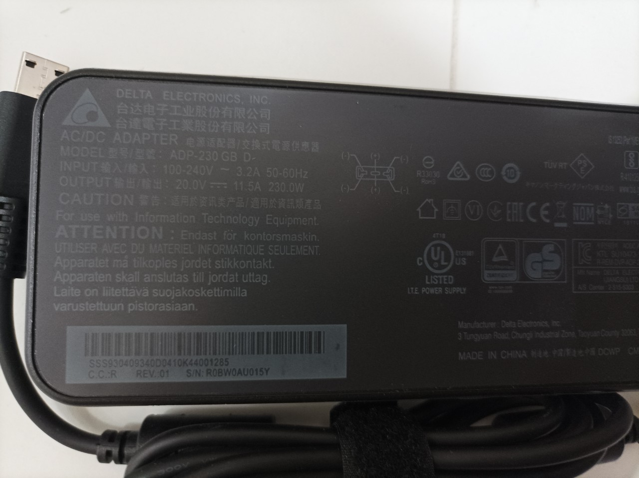 Sạc dành cho Laptop MSI GE66 GE76 Raider 230W 20V 11.5A Chicony AC Adapter Connecter Size USB 3-prong