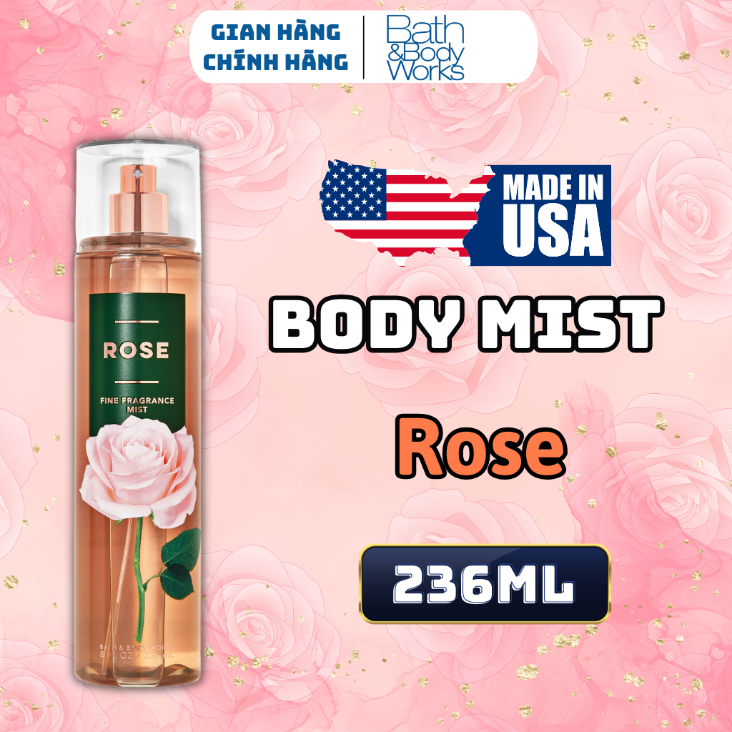 Body Mist Bath And Body Works Nam Nữ Chính Hãng Rose, Xịt Thơm Body Toàn Thân Hương Nước Hoa 236ml