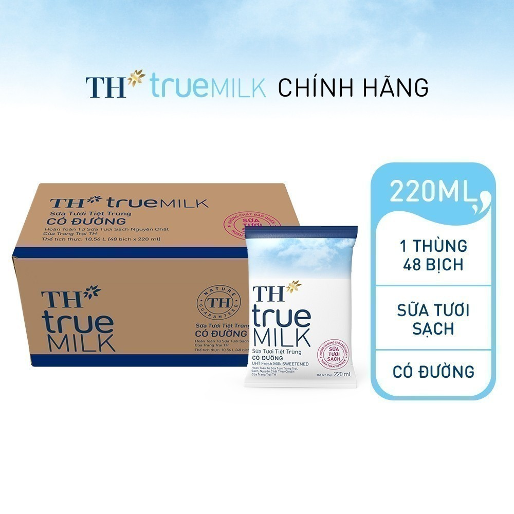 Thùng 48 bịch sữa tươi tiệt trùng TH True Milk  có đường 220 ml