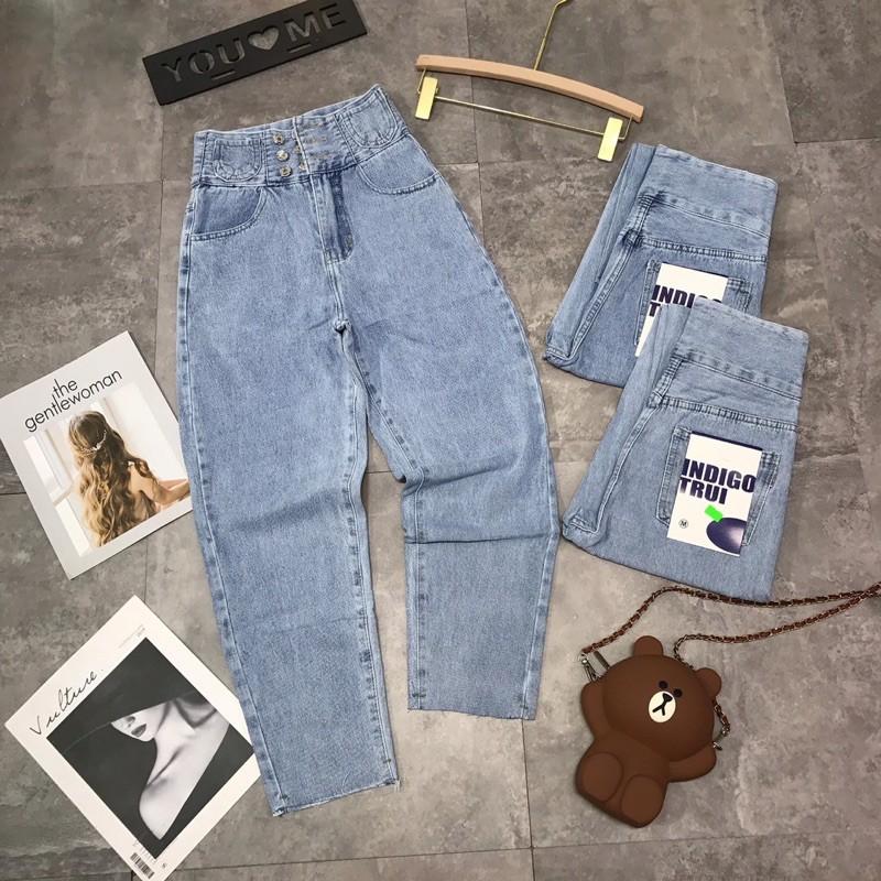 Quần baggy jeans trơn lưng cao nút bấm- ảnh thật shop chụp