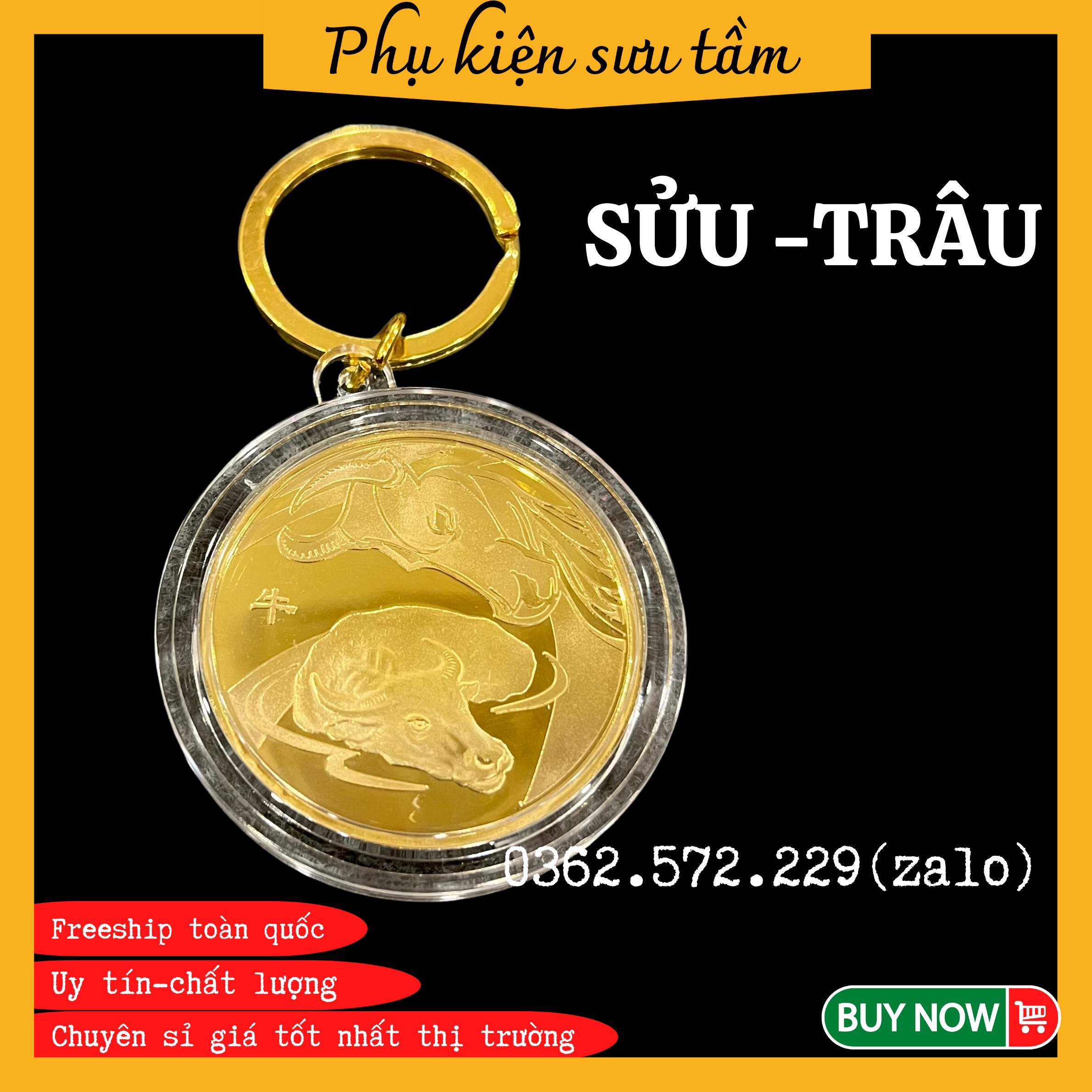 Móc Khóa Đồng Xu 12 Con Giáp Khắc Hình SỬU-TRÂU Phong Thủy May Mắn độc đáo, Chất Liệu Niken Mạ Vàng Sáng Bóng