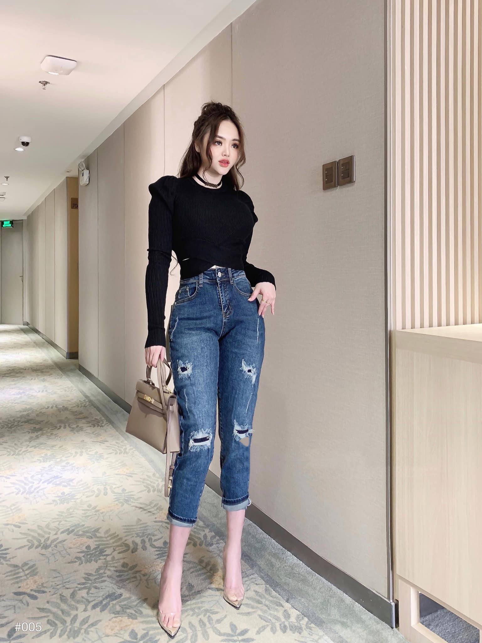 Quần jean nữ dài 9 tấc dành cho BIGSIZE lưng cao, tua lai, rách kiểu vá đăp co dãn mạnh 36722