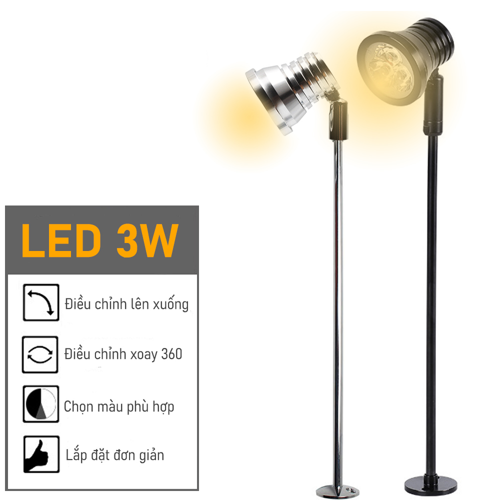 Đèn rọi Tủ kính trung bày sản phẩm 3 bóng Led 3W, Ánh sáng vàng chiếu điểm, Thân đèn Kim loại xoay 360°